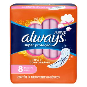 Absorvente Always Cobertura Suave s/ Abas Dia Super Proteção c/ 8 Unid