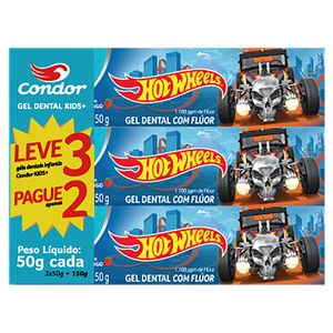 Pack Gel Dental Condor Kids+ Infantil c/ Flúor Morango Hot Wheels 50g Cada Leve 3 Pague 2 Unid
