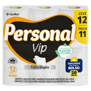 Papel Higiênico Personal Folha Dupla Neutro Vip 20m Leve 12 Pague 11 Unid