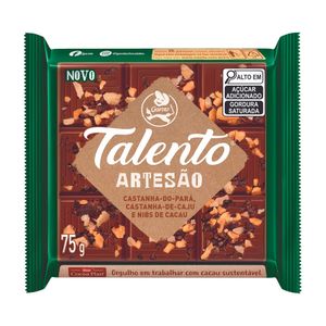 Chocolate Garoto Talento Artesão ao Leite Castanha-do-Pará, Castanha-de-Caju e Nibs de Cacau Pacote 75g